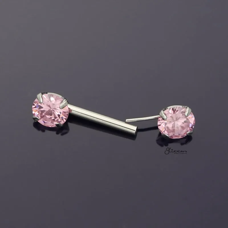 Round CZ Ends Push in Nipple Barbell - Pink