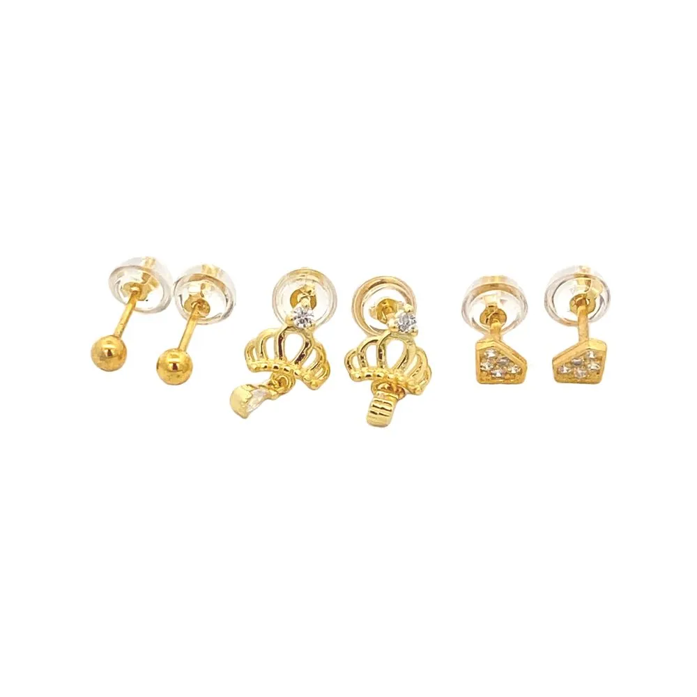 Silverworks Set of Crown, Diamond and Round Dainty Stud Earrings Gold Plated - MicroStud Collection S740