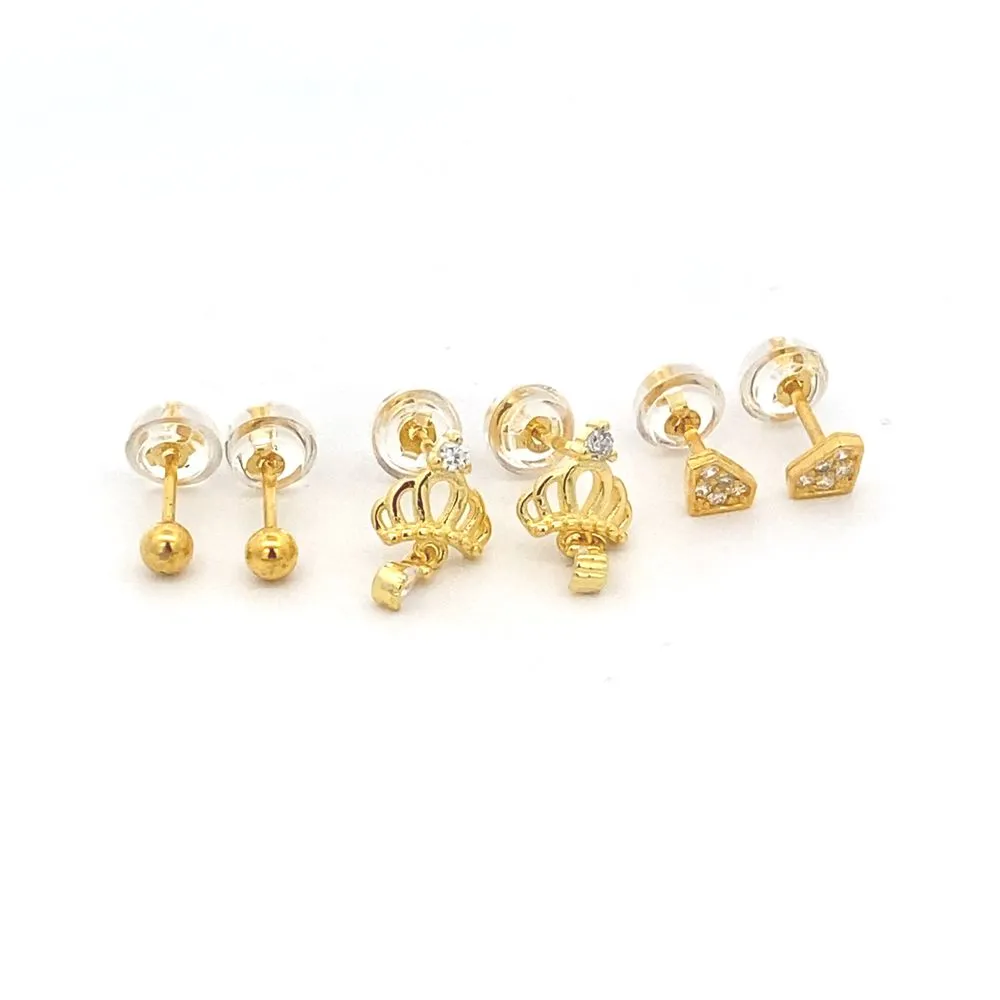 Silverworks Set of Crown, Diamond and Round Dainty Stud Earrings Gold Plated - MicroStud Collection S740