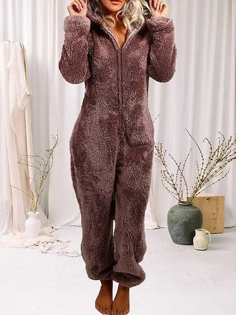 Women's Light Pink Claret Plush Hooded Onesie Pajamas for Adults