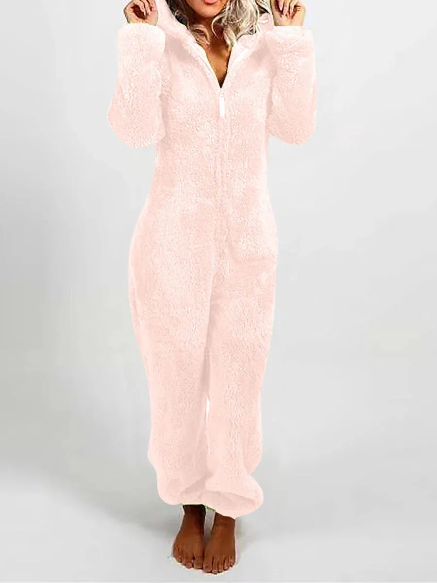 Women's Light Pink Claret Plush Hooded Onesie Pajamas for Adults