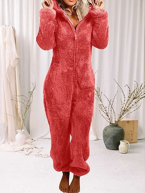 Women's Light Pink Claret Plush Hooded Onesie Pajamas for Adults