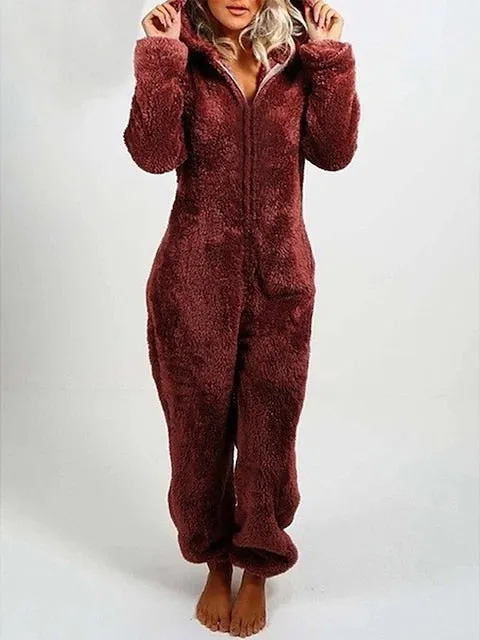 Women's Light Pink Claret Plush Hooded Onesie Pajamas for Adults